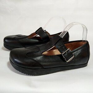 KALSO Earth Shoe Faroe Lotus Black Leather T. Strap Loafer Women Size 9.5 New